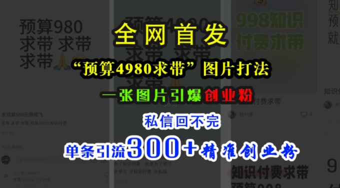 小红书“预算4980带我飞”图片打法，一张图片引爆创业粉，私信回不完，单条引流300+精准创业粉-为学素材网